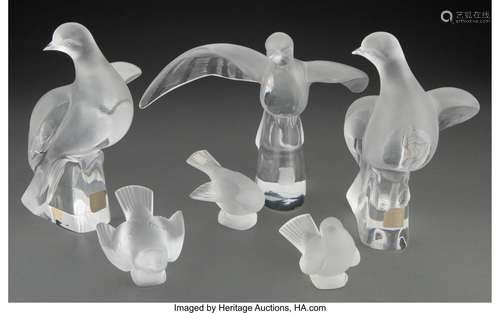 Group of Six Lalique Clear and Frosted Glass Bird Figures, p...