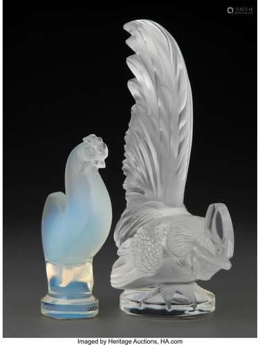 Two Lalique Clear and Frosted Glass Rooster Figures in Origi...