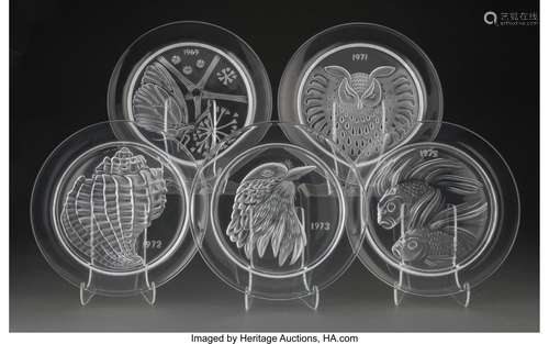 Group of Five Lalique Clear and Frosted Glass Annual Plates,...