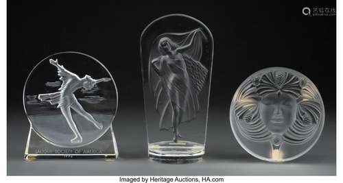 Three Lalique Clear and Frosted Glass Paperweights in Origin...