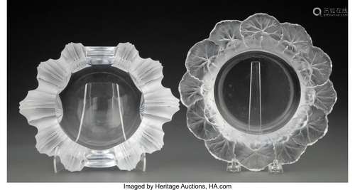 Two Lalique Clear and Frosted Glass Ashtrays, post-1945 Mark...