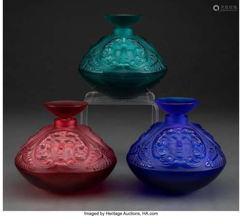 Three Lalique Colored Glass Psyche Perfume Bottles in Origin...