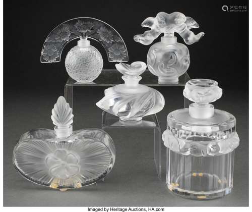 Five Lalique Clear and Frosted Glass Perfume Bottles in Orig...