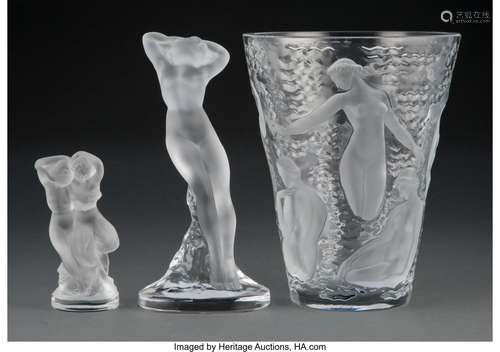 Lalique Clear and Frosted Glass Ondines Vase and Two Figures...