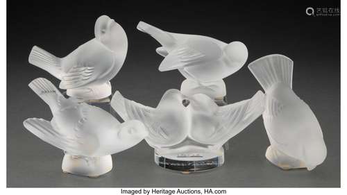 Group of Five Lalique Clear and Frosted Glass Birds, post-19...