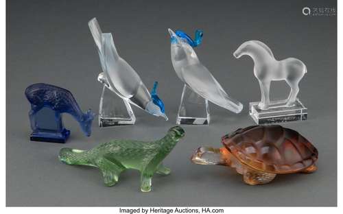 Group of Six Lalique Color and Frosted Glass Animals, post-1...