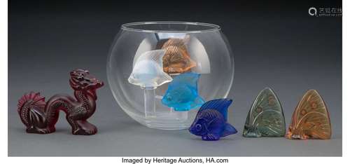 Group of Five Lalique Color and Frosted Glass Animals, post-...