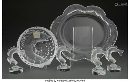 Set of Six Lalique Clear and Frosted Glass Goujon Fish Artic...