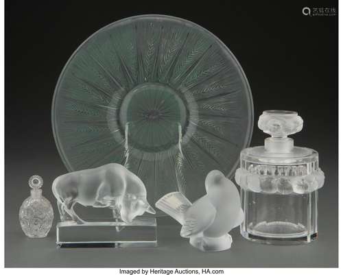 Group of Five Lalique Color and Frosted Glass Works, post-19...