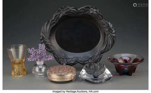 Group of Six Lalique Color and Frosted Glass Dresser Article...