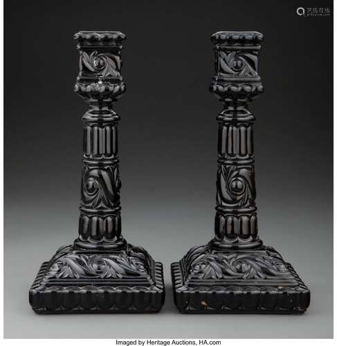 Pair of Russe Pattern Baccarat Black Glass Candlesticks Mark...