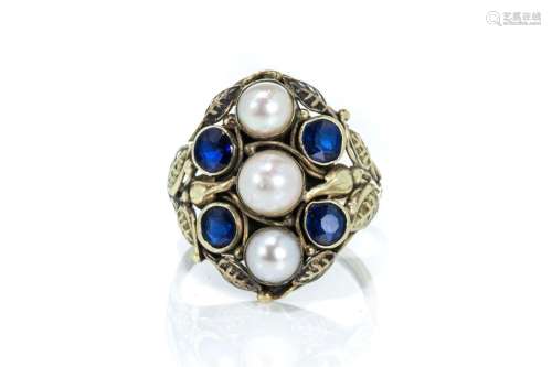 ART NOUVEAU14K GOLD PEARL AND SAPPHIRE RING 5.4g