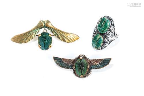 THREE ART NOUVEAU SCARAB BEETLE BROOCHES