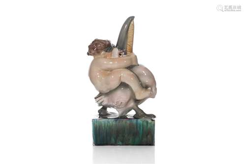 GOLDSCHEIDER PORCELAIN FIGURE WITH PELICAN