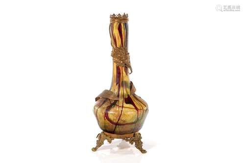 AUSTRIAN ART NOUVEAU GLASS & BRASS MOUNTED VASE