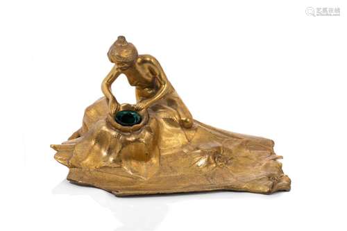 ART NOUVEAU GILT BRONZE FIGURAL INKWELL