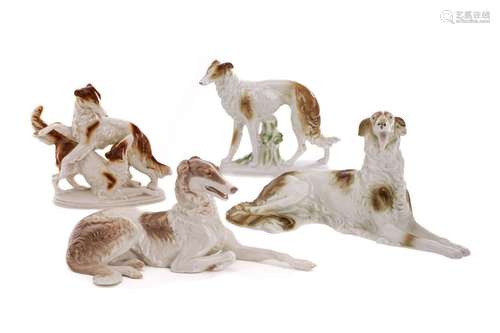 FOUR GERMAN PORCELAIN BORZOI FIGURES