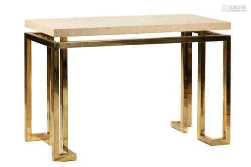 VINTAGE TRAVERTINE & BRASS CONSOLE TABLE