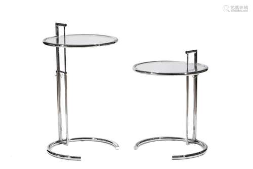 PAIR OF EILEEN GRAY STYLE CHROME GLASS TABLES