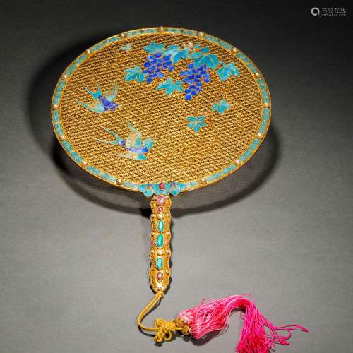 Qing Dynasty,Gilt Filigree Flowers and Birds Fan