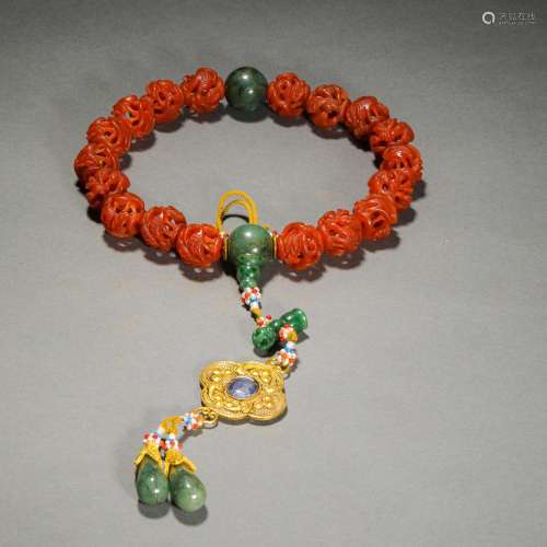 Qing Dynasty,Agate Eighteen Beads Handheld