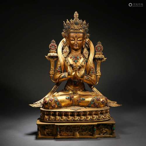 Qing Dynasty,Gilt Inlaid Golden Crown Buddha Statue