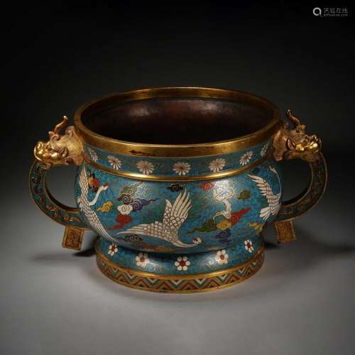 Qing Dynasty,Cloisonne Cranes Beast Head Furnace