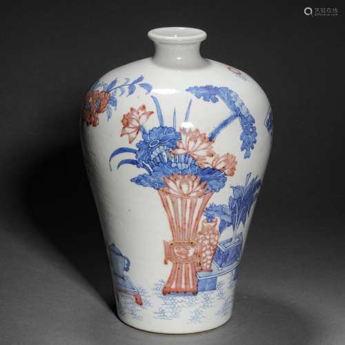 Qing Dynasty,Blue and White Flowers Prunus Vase