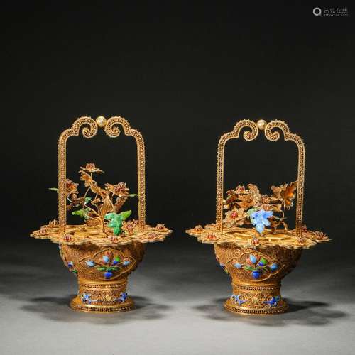 Qing Dynasty,Gilt Filigree Flowers Hanging Baskets