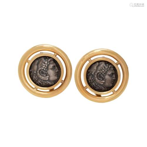 LALAOUNIS, YELLOW GOLD AND COIN EARCLIPS