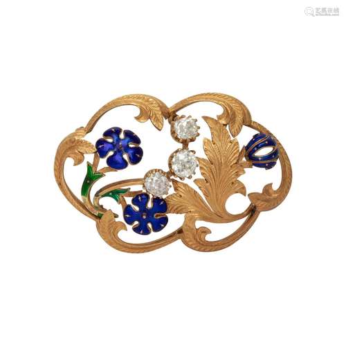 ANTIQUE, YELLOW GOLD, DIAMOND AND ENAMEL FLORAL BROOCH