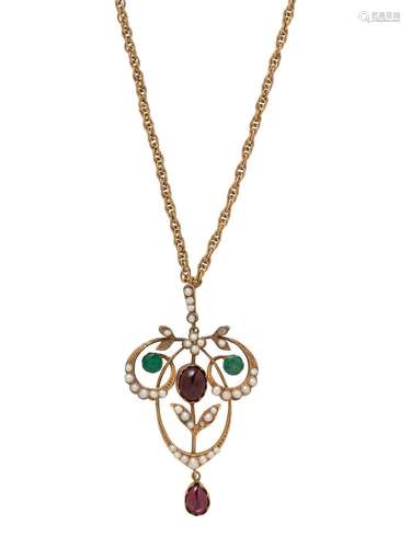 ANTIQUE, YELLOW GOLD AND MULTIGEM PENDANT