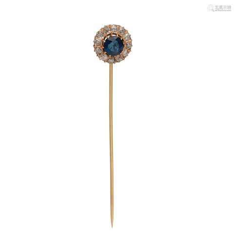 YELLOW GOLD, BLUE GLASS AND DIAMOND STICK PIN