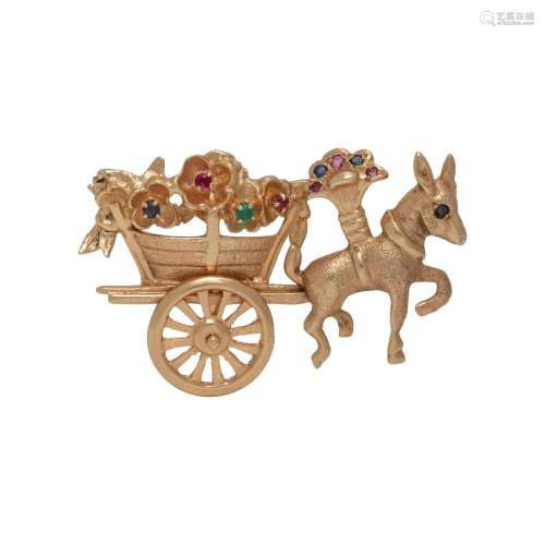YELLOW GOLD AND MULTIGEM DONKEY WITH FLOWER CART BROOCH