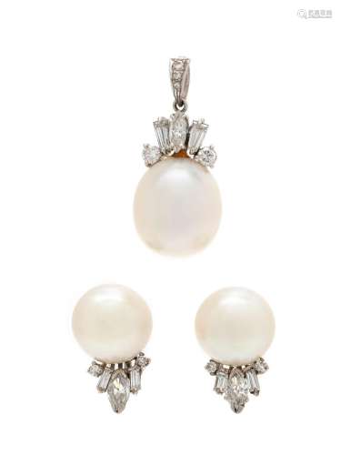 WHITE GOLD, CULTURED PEARL AND DIAMOND SET
