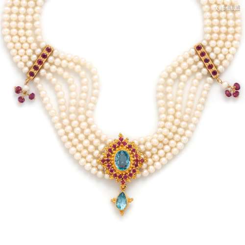 YELLOW GOLD, CULTURED PEARL, TOPAZ AND RUBY CHOKER NECKLACE