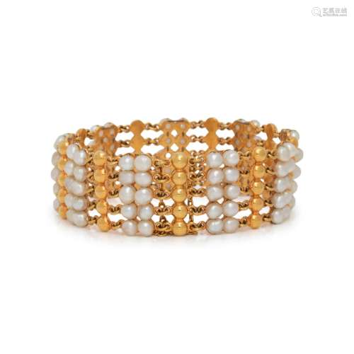 YELLOW GOLD AND CULTURED PEARL BRACELET