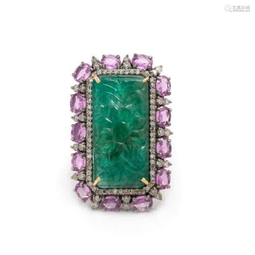 CARVED EMERALD, PINK SAPPHIRE AND DIAMOND RING