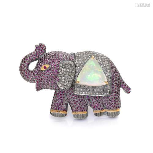 OPAL, RUBY AND DIAMOND ELEPHANT PENDANT/BROOCH