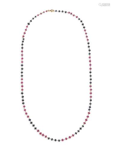 CARVED SAPPHIRE AND RUBY BEAD NECKLACE