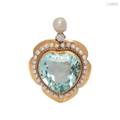 AQUAMARINE, CULTURED PEARL AND DIAMOND PENDANT/BROOCH