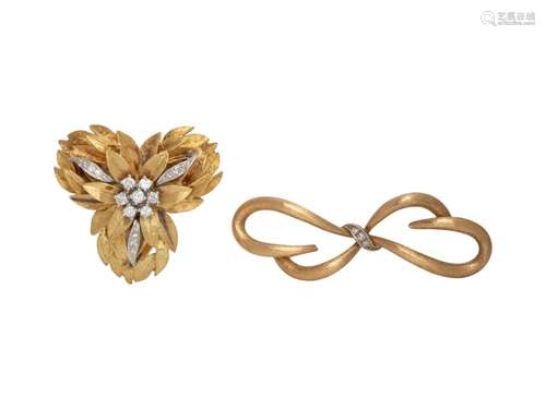 YELLOW GOLD AND DIAMOND BROOCHES