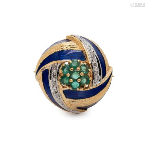 YELLOW GOLD, EMERALD, DIAMOND AND ENAMEL RING