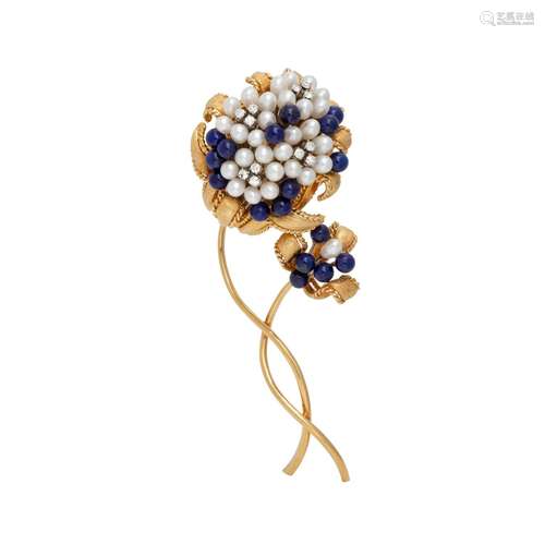 YELLOW GOLD, CULTURED PEARL, LAPIS LAZULI AND DIAMOND FLOWER...