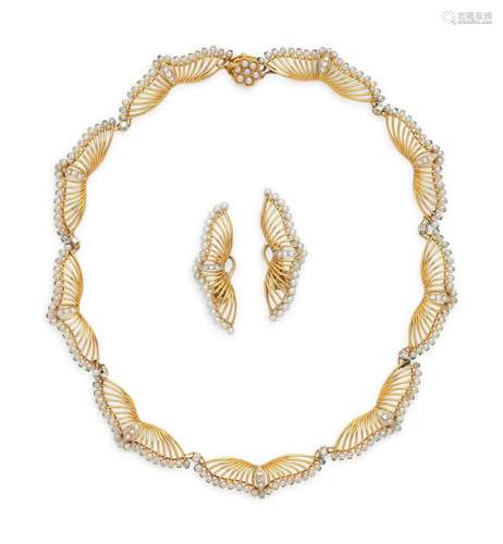 YELLOW GOLD, CULTURED PEARL AND DIAMOND SET