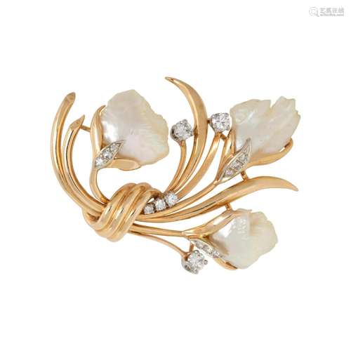 CULTURED PEARL AND DIAMOND BROOCH