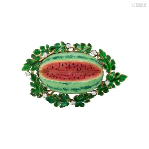 POLYCHRONE ENAMEL AND DIAMOND WATERMELON BROOCH