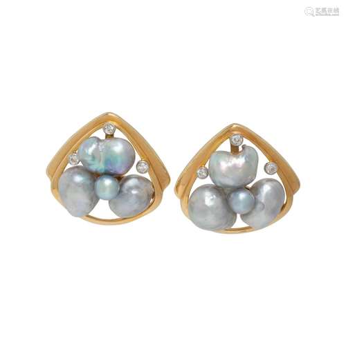 CULTURED BAROQUE PEARL AND DIAMOND EARCLIPS