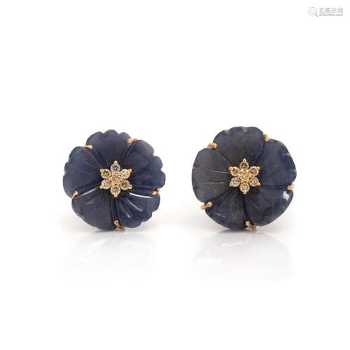 CARVED SAPPHIRE AND DIAMOND FLOWER EARRINGS