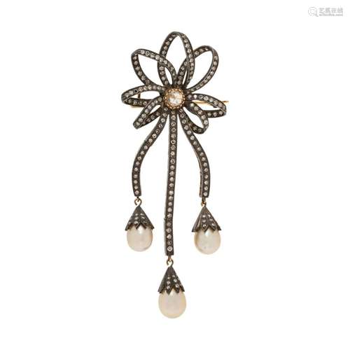 DIAMOND AND CULTURED PEARL BROOCH †